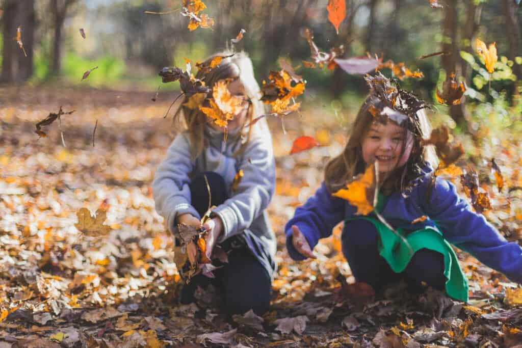 Kinderen spelen met herfstbladeren